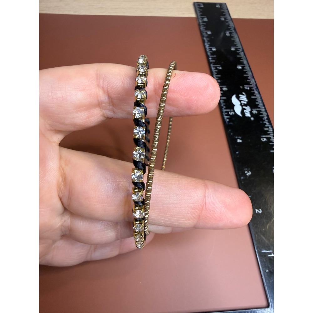 Gold Tone Rhinestone Black Cord Bangle Bracelet Set 2 Piece Stackable Jewelry